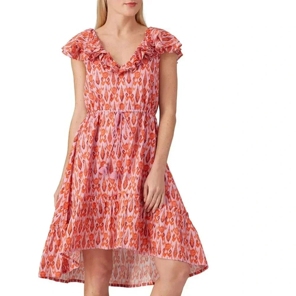 Figue Tahlia Midi Dress Cotton Ruffle Tie Waist Lace Up Back Pink Red Size XL